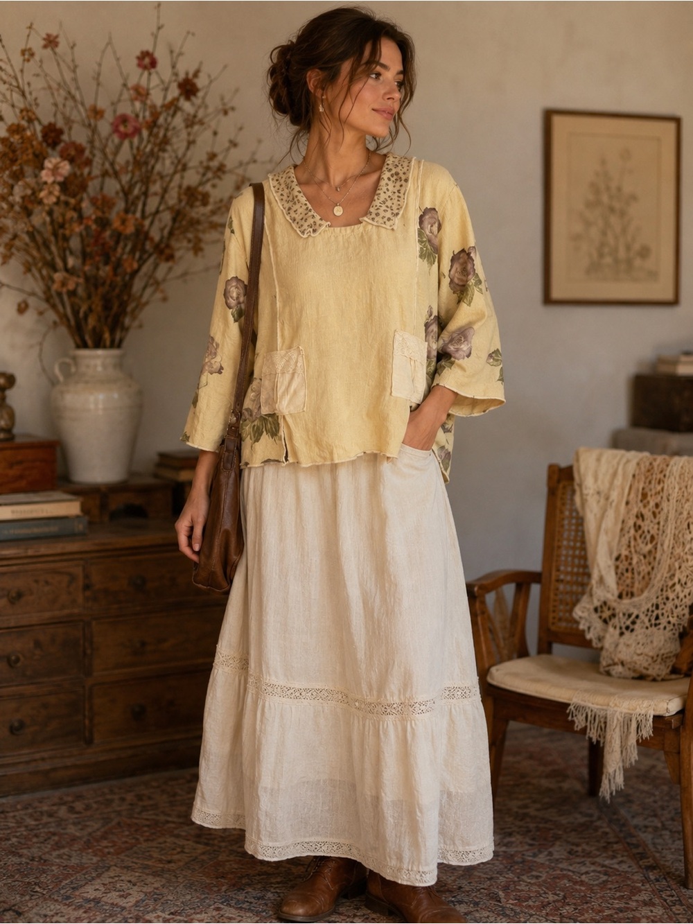 Nooshin Seattle Floral Linen Blend Cottagecore Top Medium Made in USA